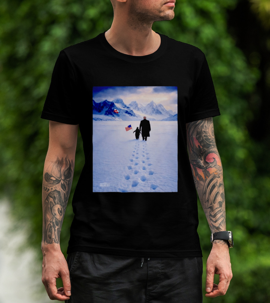 The White House Donald Trump Walking With Penguin American Canadian Flags Snowy Mountains T-Shirt