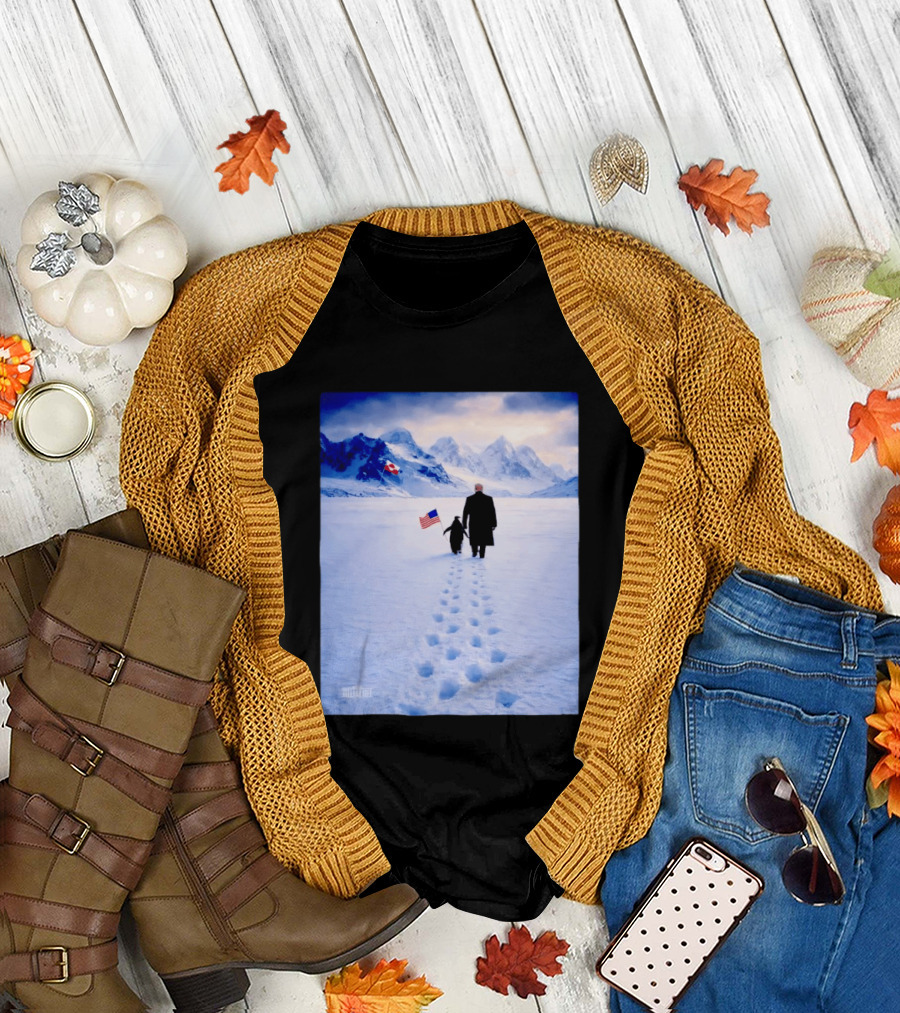 The White House Donald Trump Walking with Penguin American Canadian Flags Snowy Mountains T-Shirt