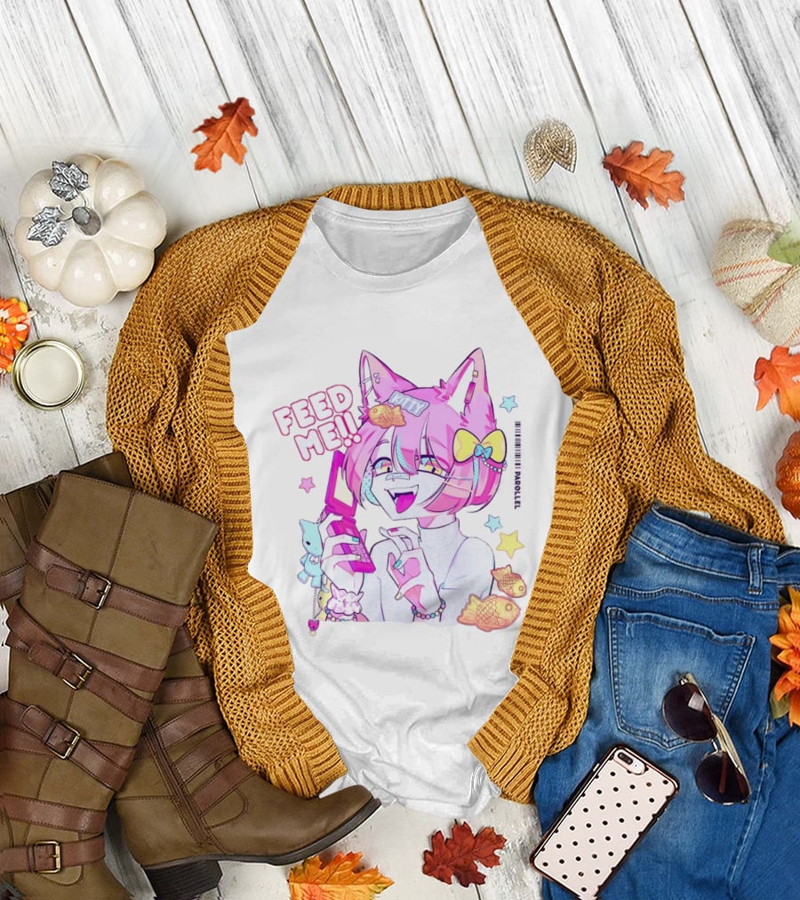 Anime Feed Me Pastel Kawaii Catgirl Eating Fish Cookies T-Shirt