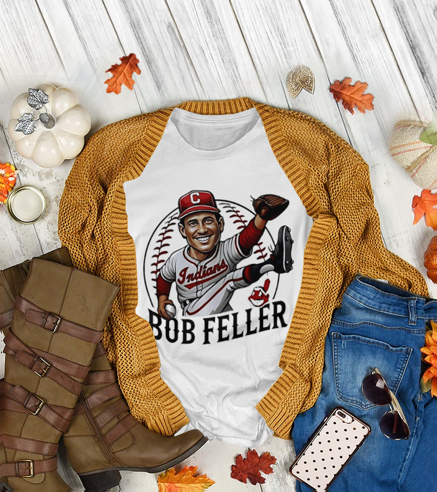 Bob Feller Cleveland Indians Baseball Pitcher Caricature T-Shirt