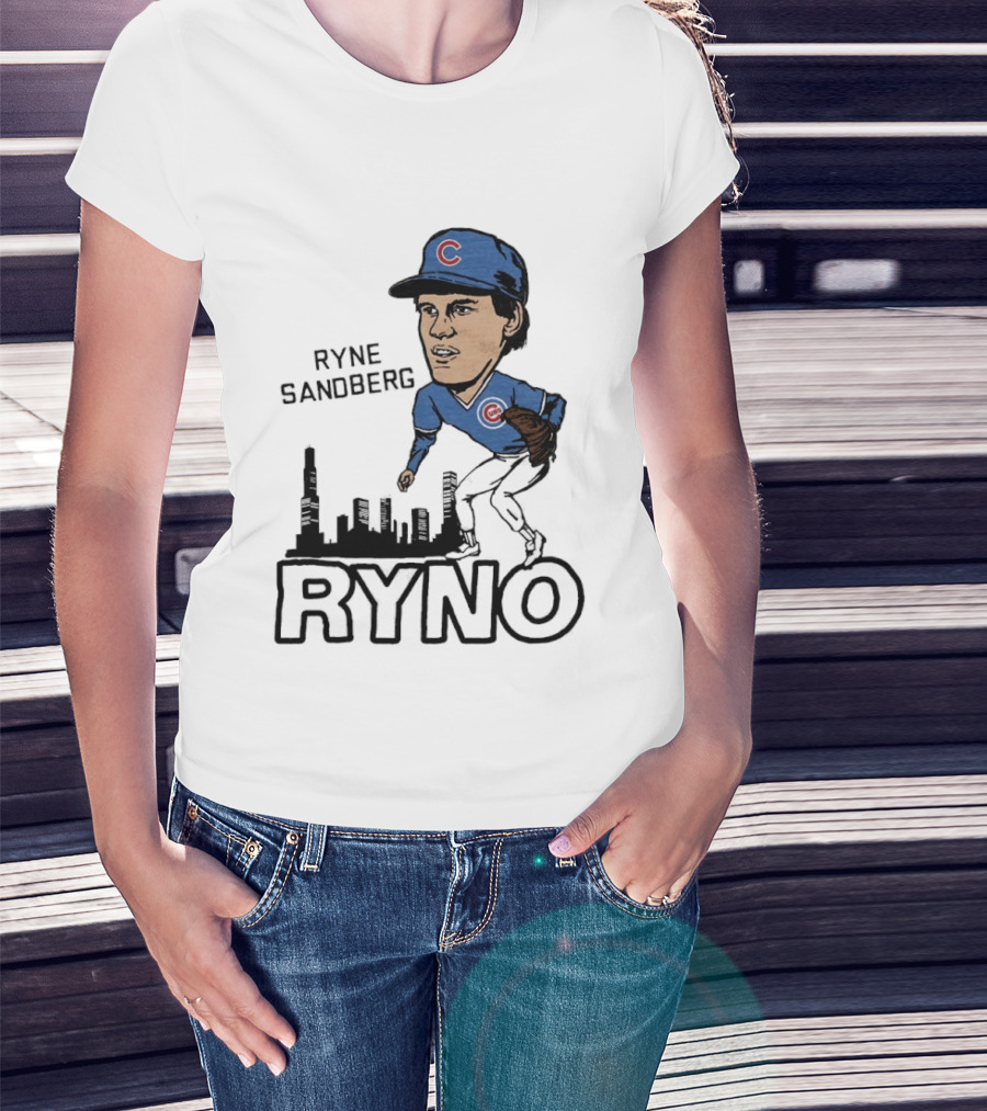 Ryne Sandberg Ryno Chicago Cubs Cartoon Skyline T-Shirt