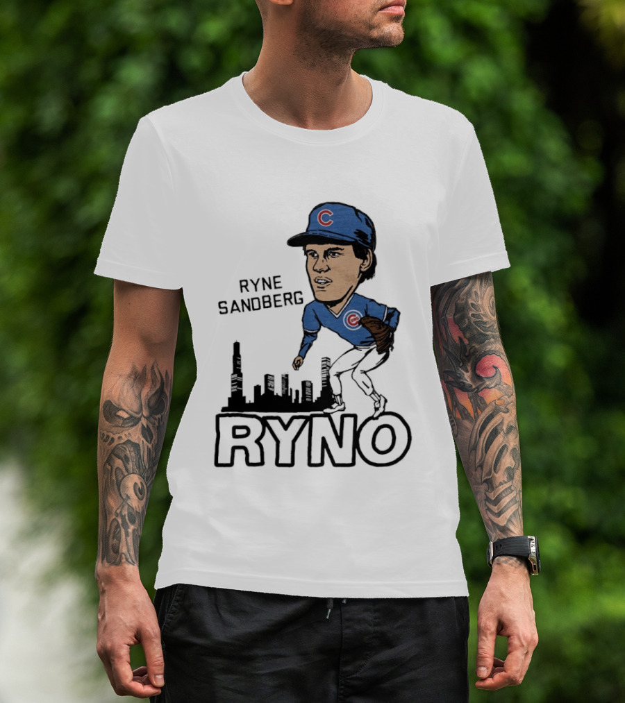 Ryne Sandberg Ryno Chicago Cubs Cartoon Skyline T-Shirt