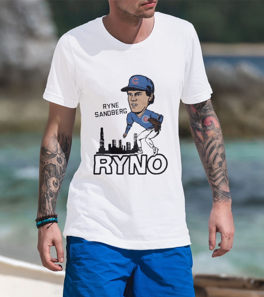 Ryne Sandberg Ryno Chicago Cubs Cartoon Skyline T-Shirt