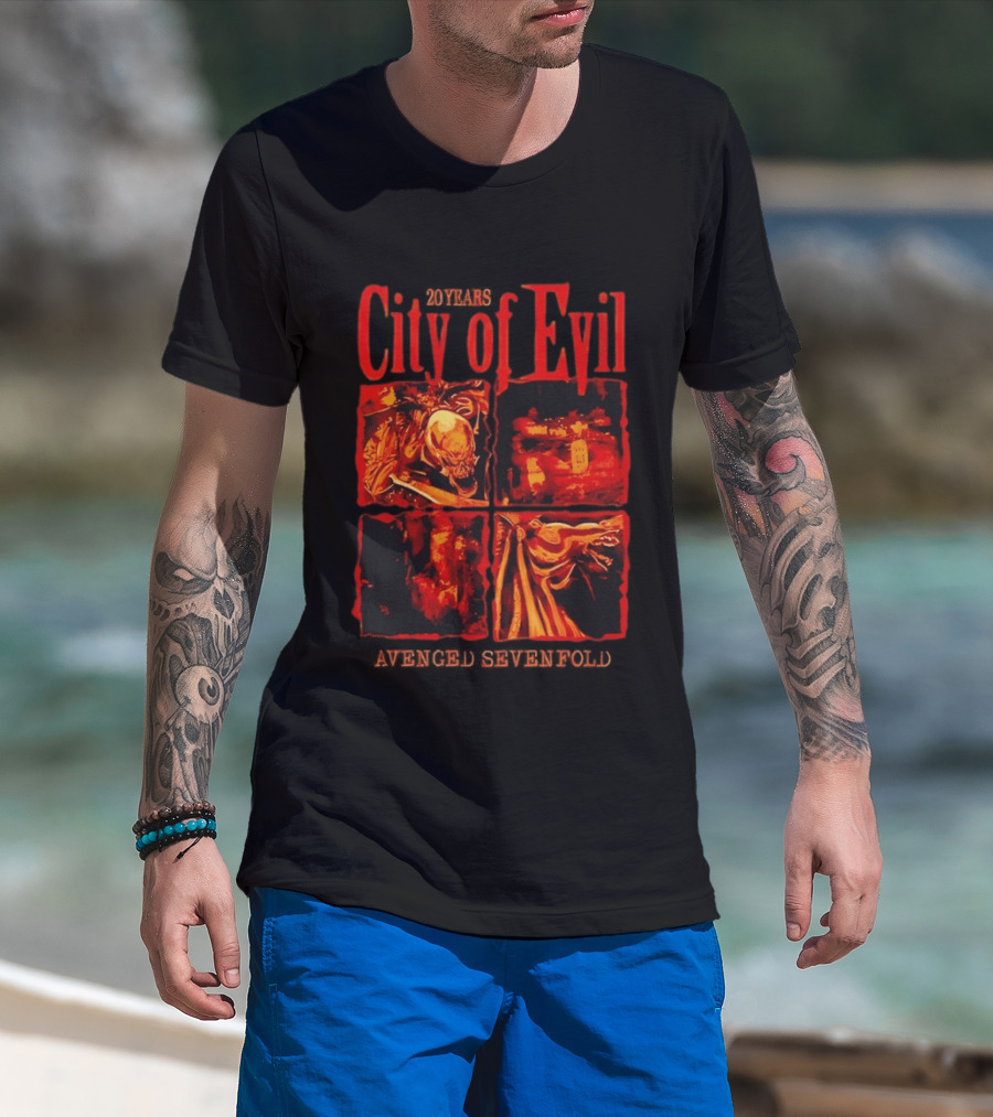Avenged Sevenfold City Of Evil 20th Anniversary Skeleton And Dragon T-Shirt