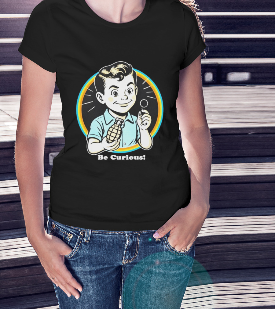Be Curious Retro Comic Style Boy Holding Grenade And Pin T-Shirt