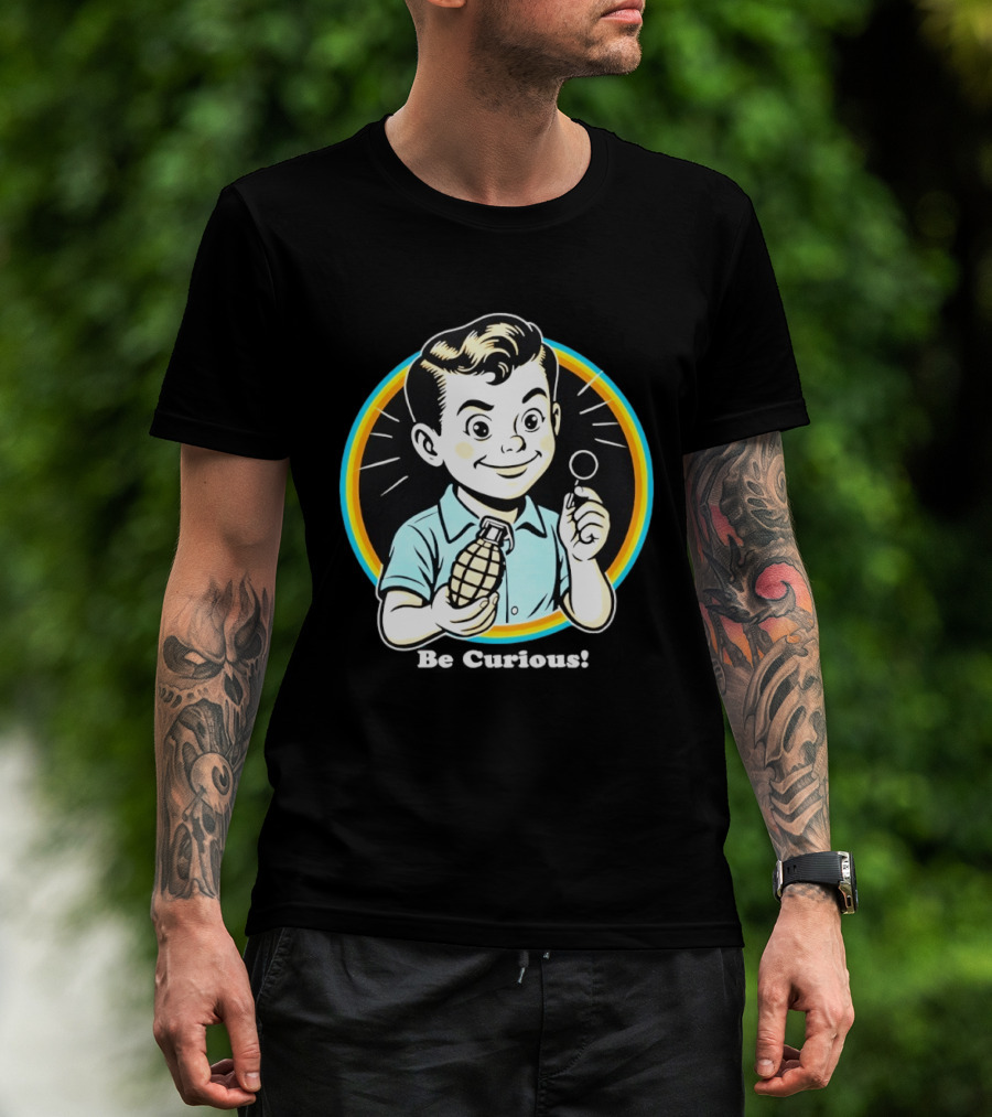 Be Curious Retro Comic Style Boy Holding Grenade And Pin T-Shirt