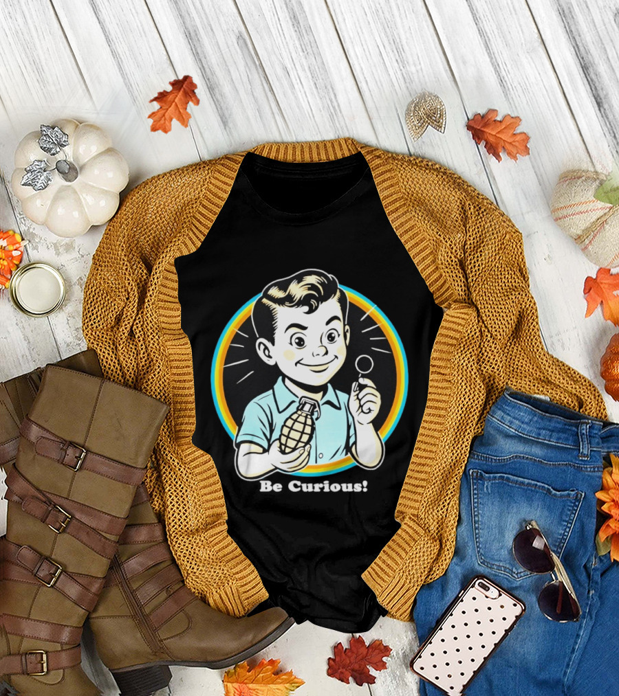 Be Curious Retro Comic Style Boy Holding Grenade and Pin T-Shirt