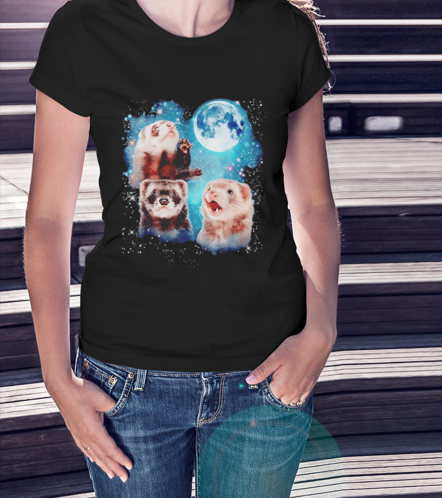 Ferret Trio With Full Moon And Starlit Sky T-Shirt