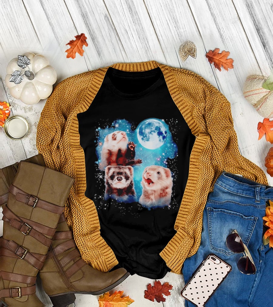 Ferret Trio with Full Moon and Starlit Sky T-Shirt
