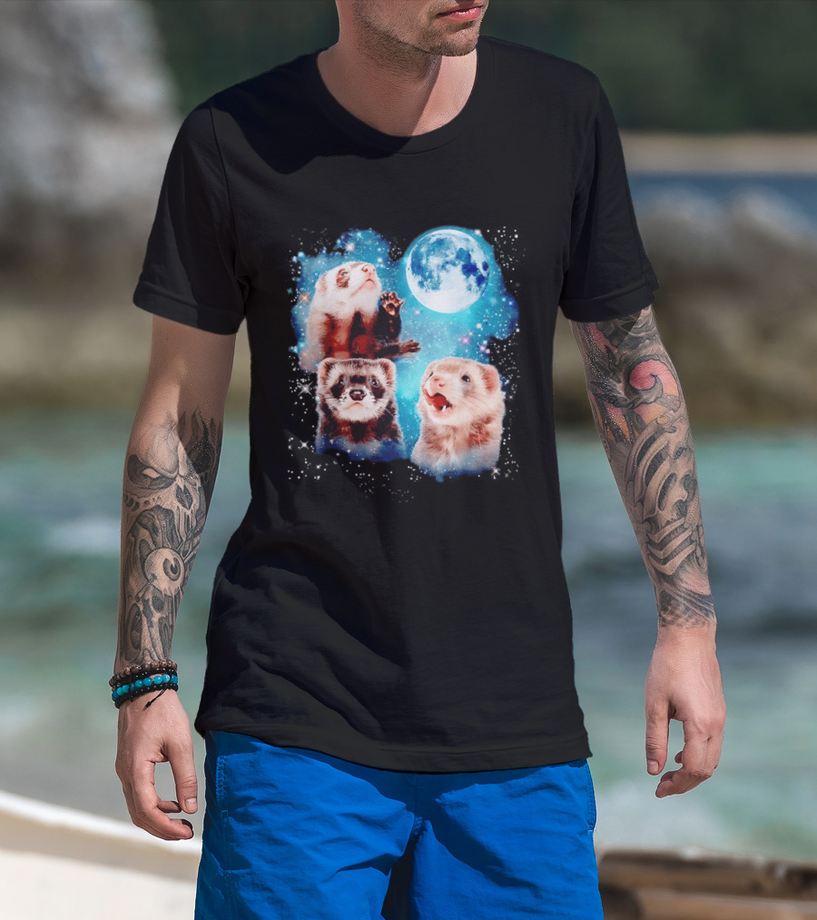 Ferret Trio With Full Moon And Starlit Sky T-Shirt