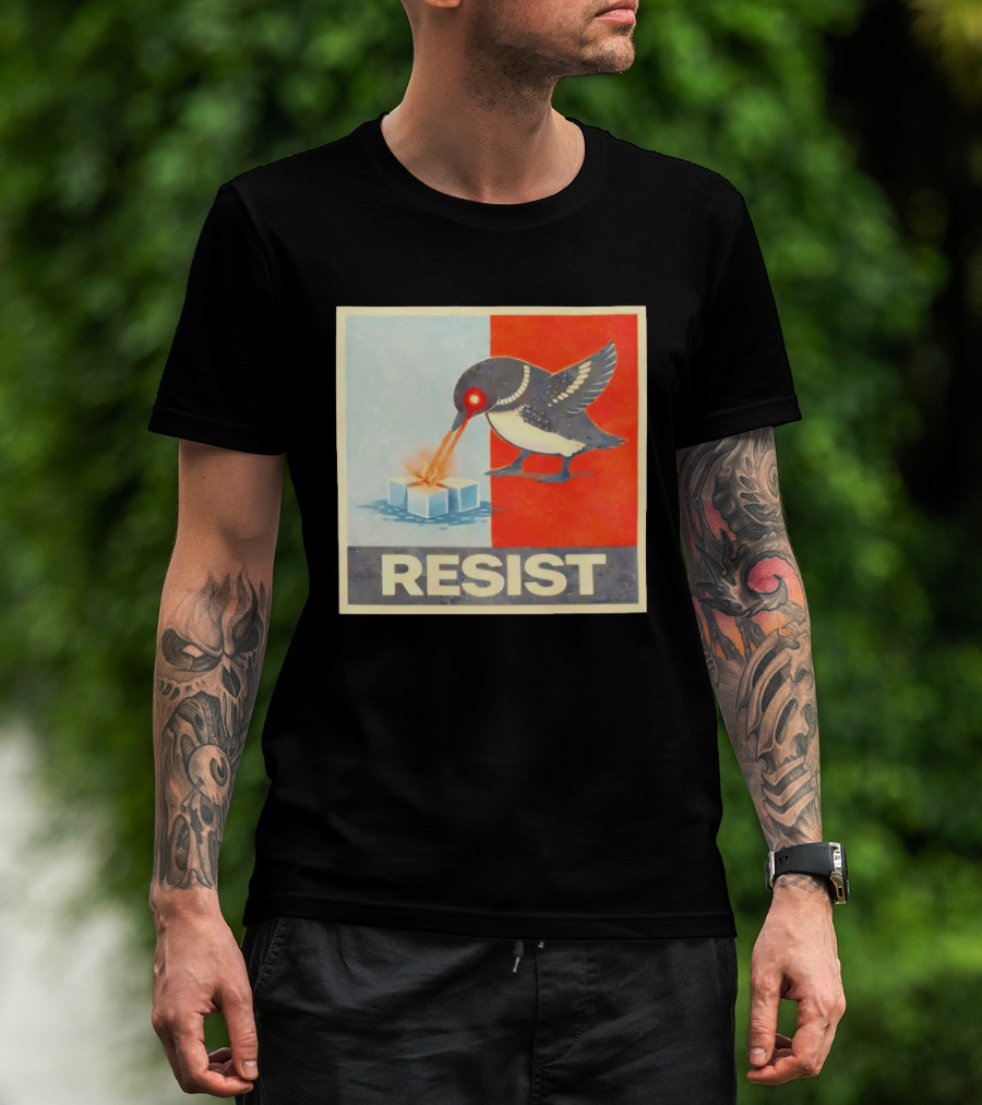 Resist Penguin Melting Ice Laser Eyes Red Blue Split T-Shirt