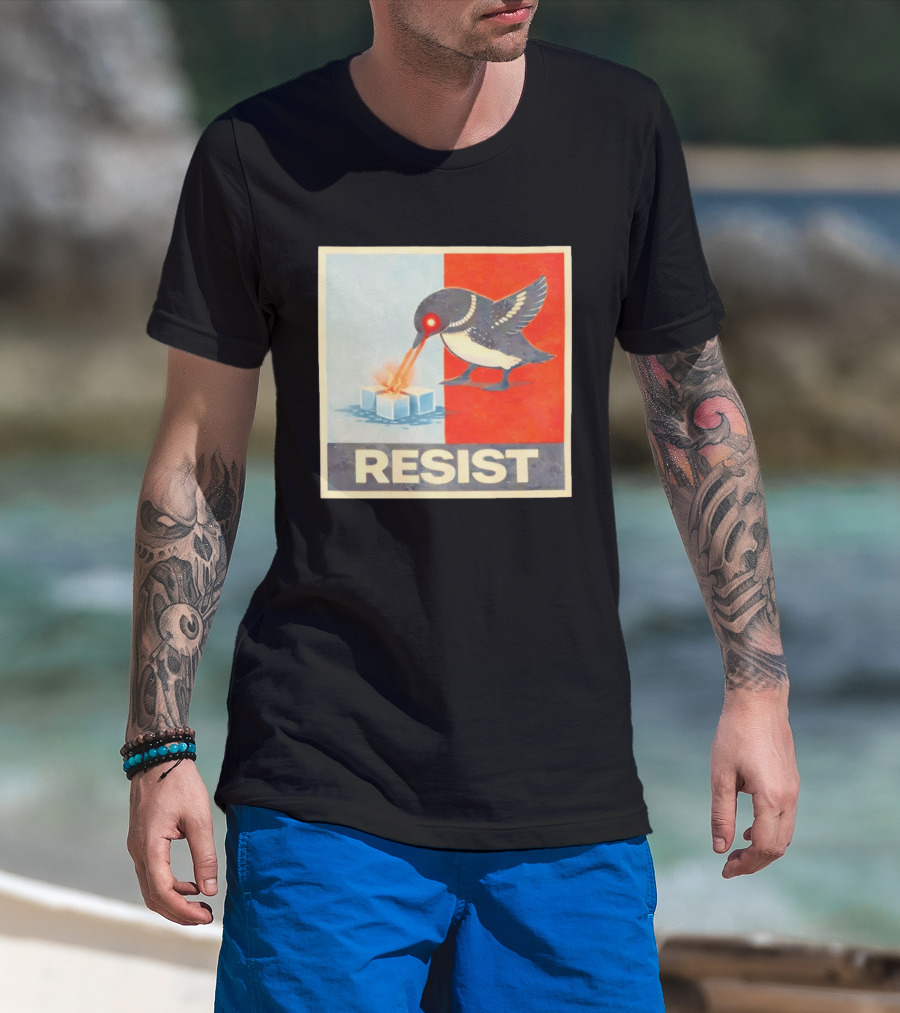 Resist Penguin Melting Ice Laser Eyes Red Blue Split T-Shirt