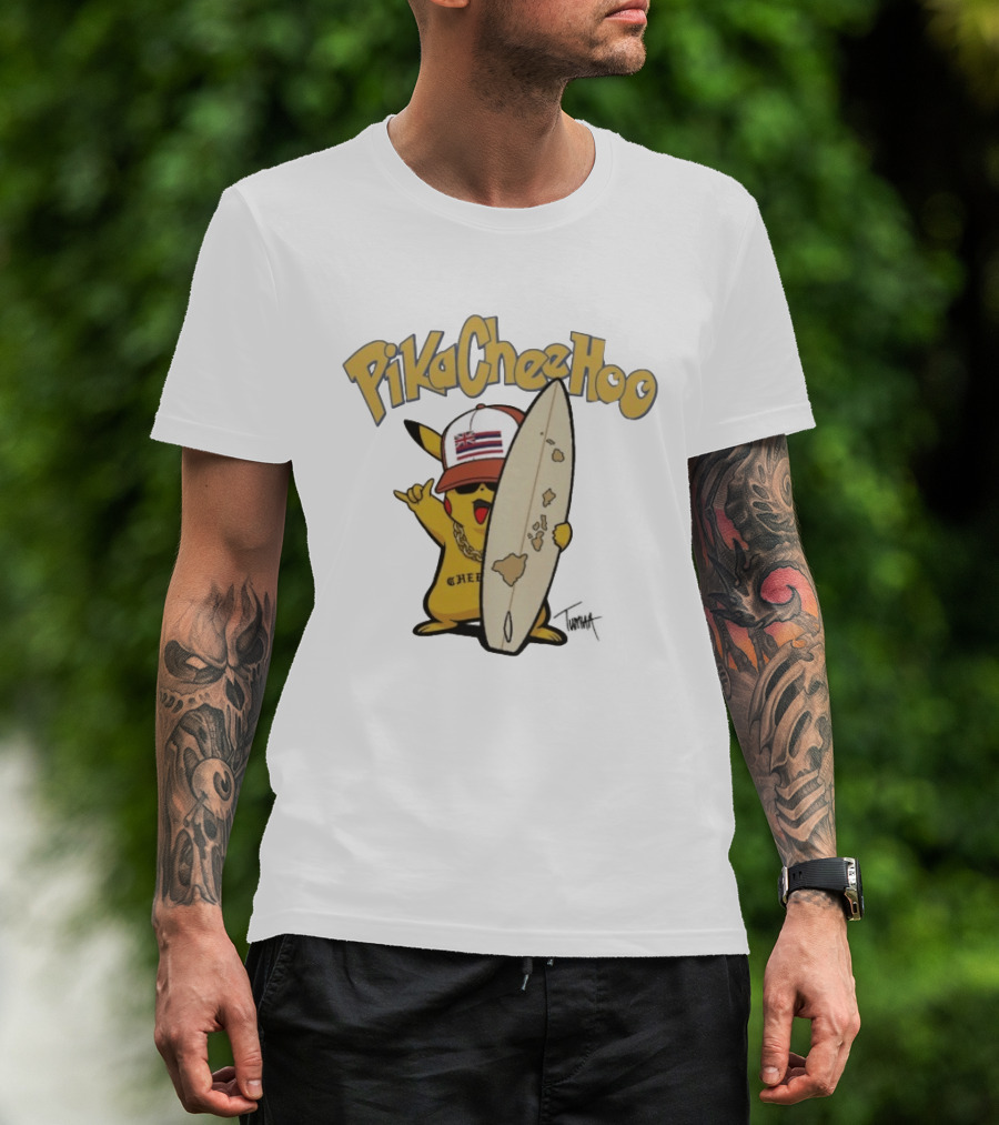 PikaCheeHoo Pikachu Surfboard Tumua Hawaii Flag Hat T-Shirt