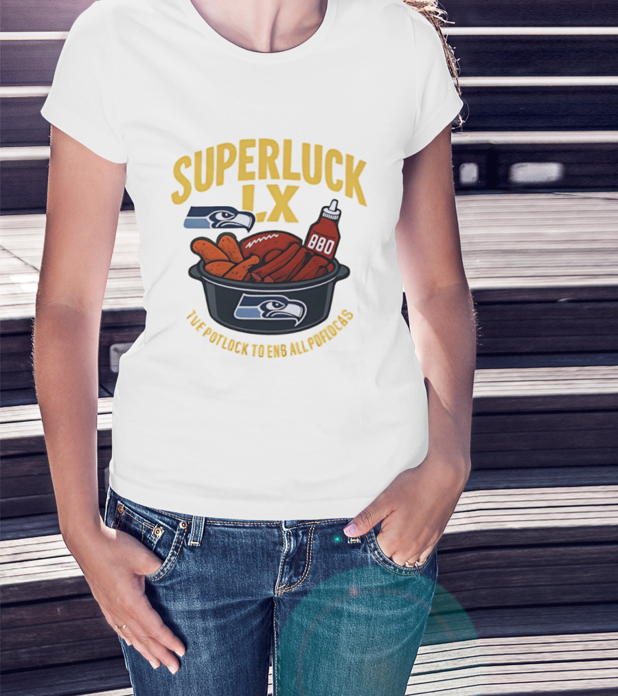 SuperLuck LX Seattle Seahawks Potluck BBQ Football T-Shirt