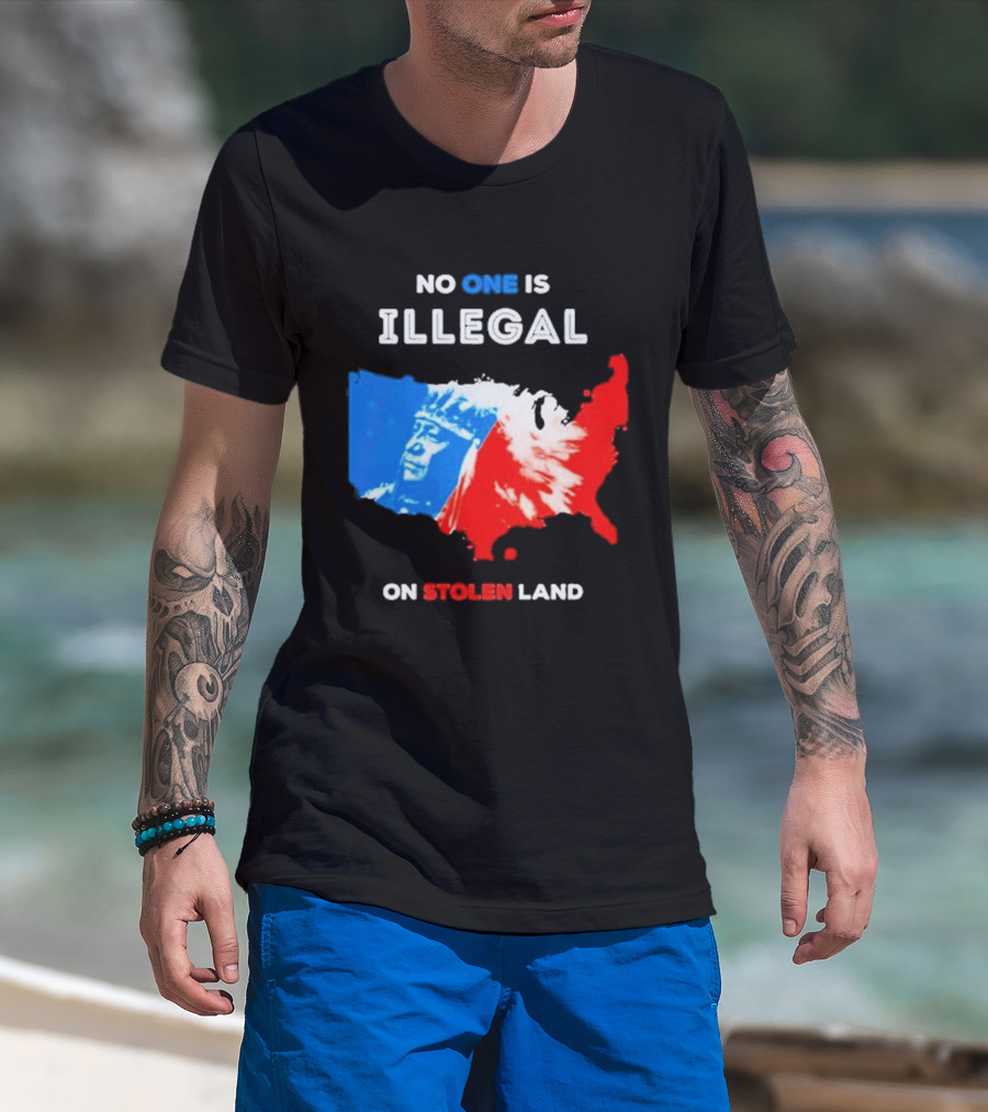 No One Is Illegal On Stolen Land Red Blue Map Indigenous American T-Shirt