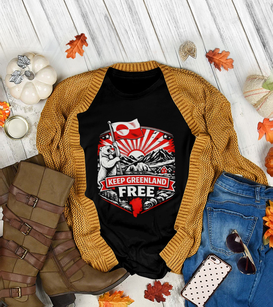 Polar Bear Holding Flag Keep Greenland Free Mountains and Sunburst T-Shirt