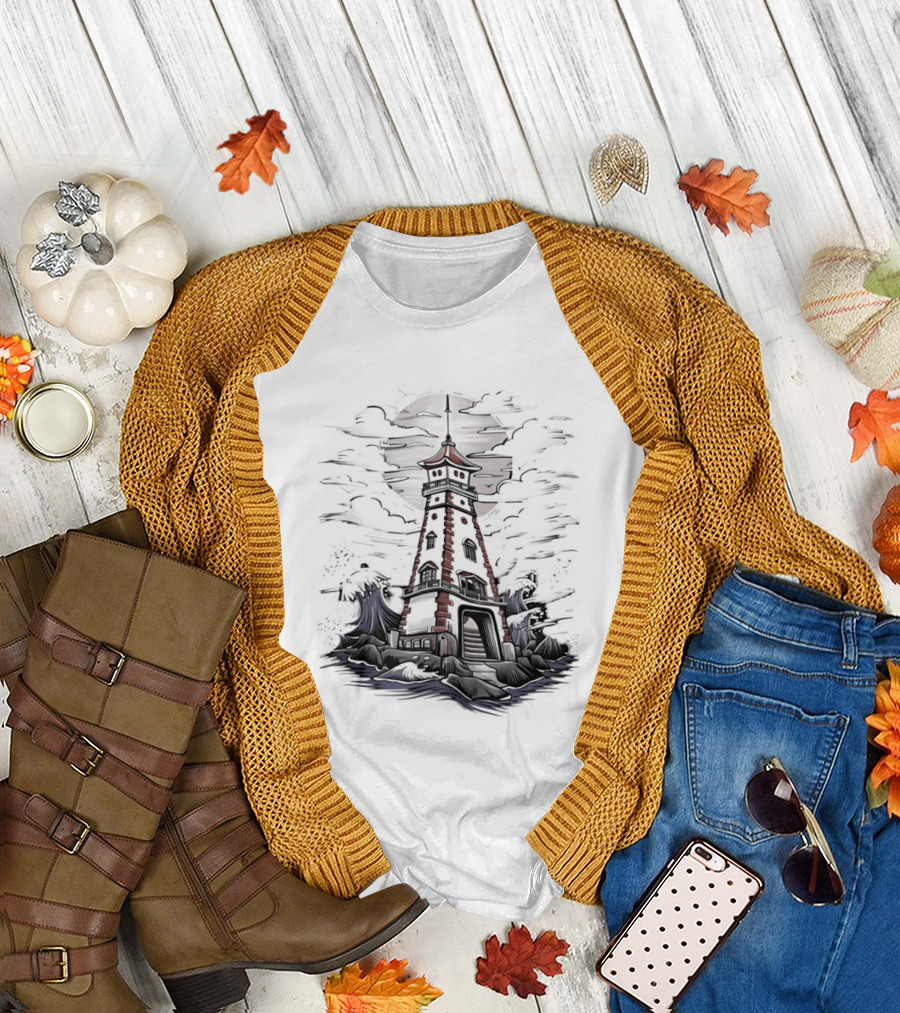 Lighthouse under Full Moon with Dark Clouds T-Shirt