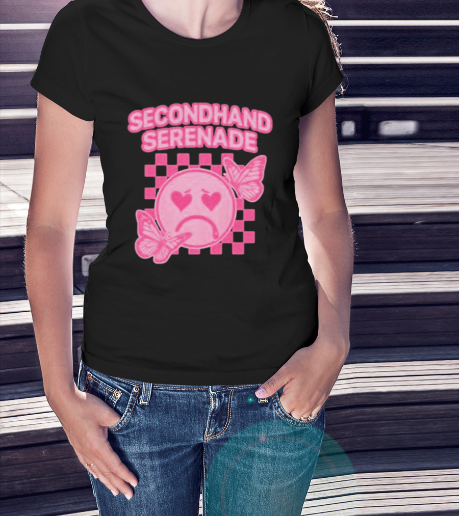 Secondhand Serenade Sad Emo Pink Heartbroken Face With Butterflies T-Shirt