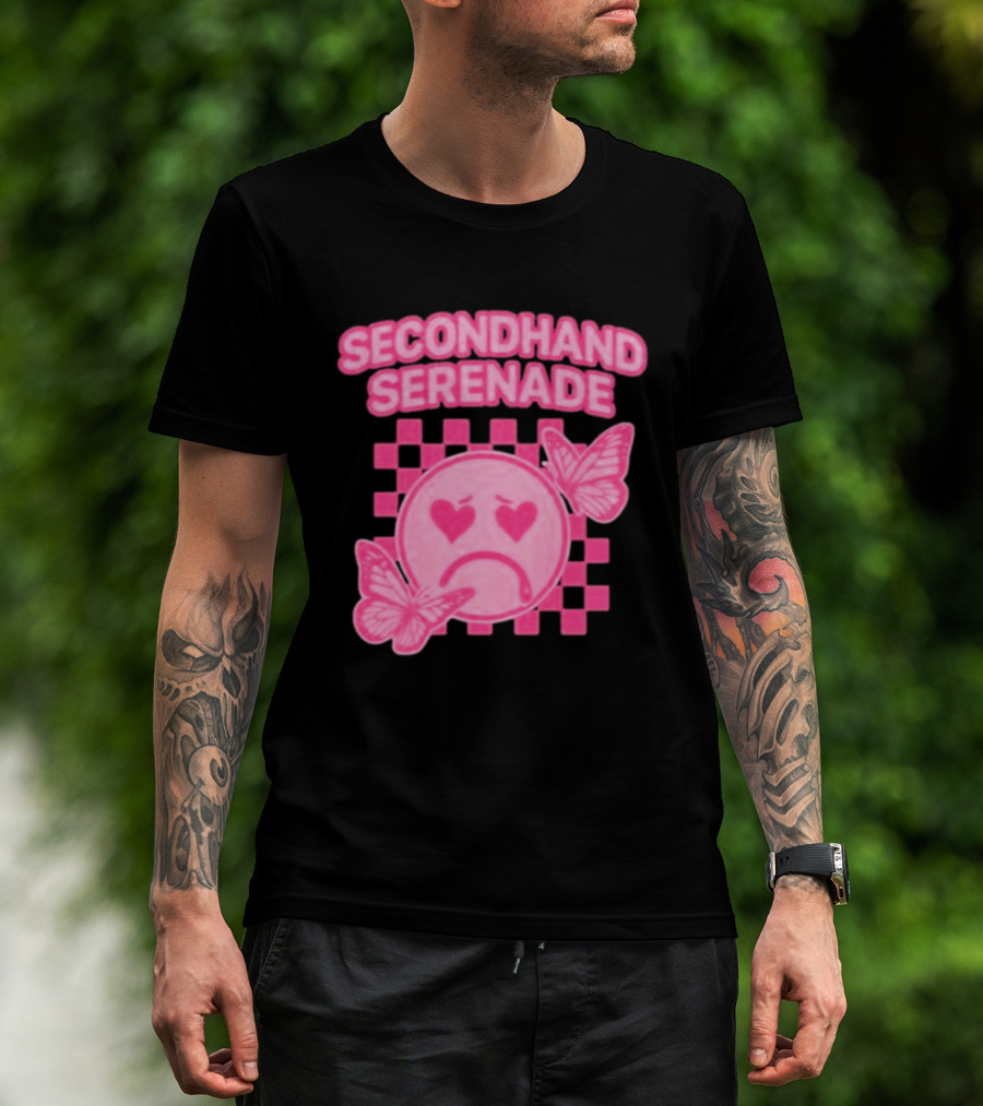 Secondhand Serenade Sad Emo Pink Heartbroken Face With Butterflies T-Shirt