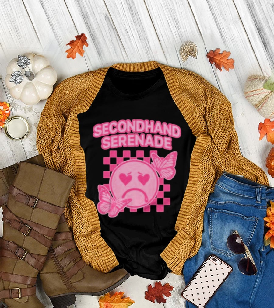 Secondhand Serenade Sad Emo Pink Heartbroken Face with Butterflies T-Shirt