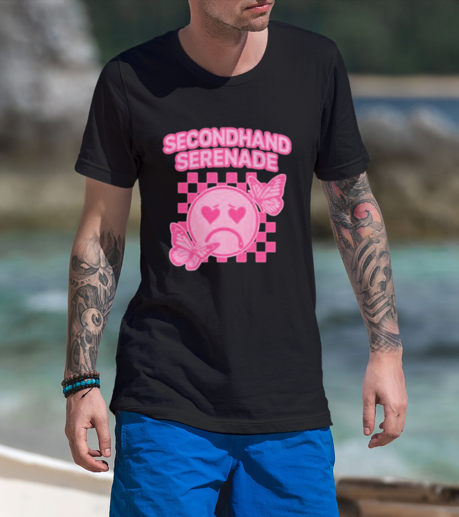 Secondhand Serenade Sad Emo Pink Heartbroken Face With Butterflies T-Shirt