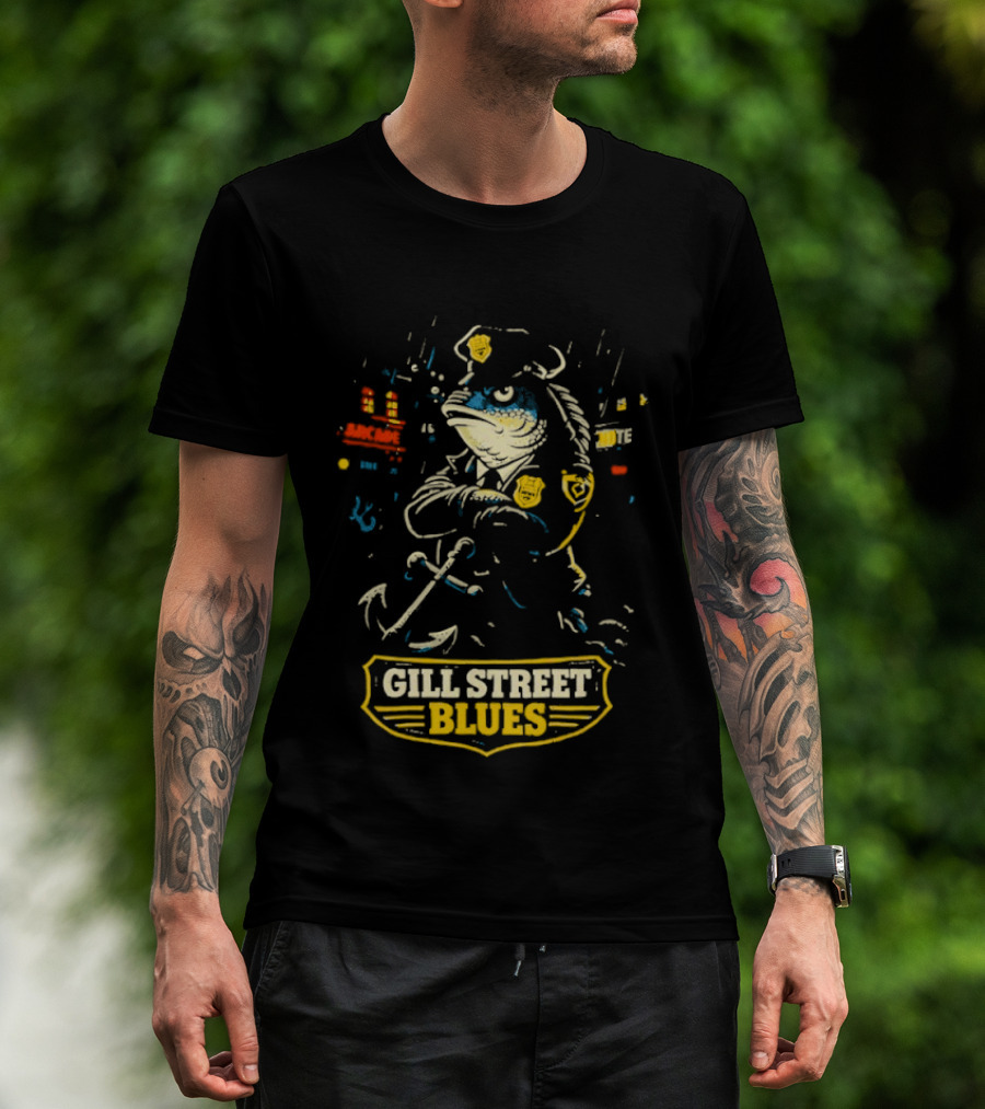 Gill Street Blues Police Fish Retro Cartoon T-Shirt