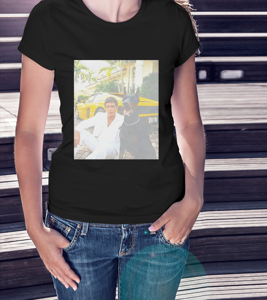 Tony Montana With Dog In Front Of Yellow Sports Car Scene From Scarface T-Shirt