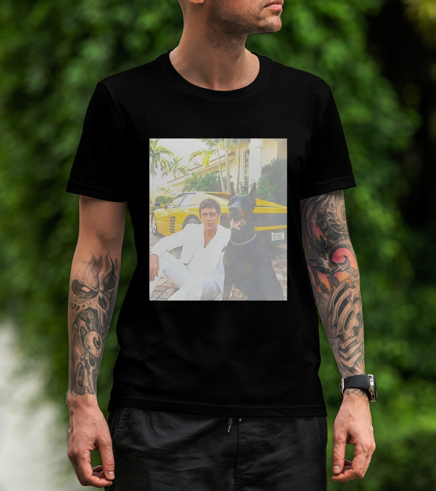 Tony Montana With Dog In Front Of Yellow Sports Car Scene From Scarface T-Shirt