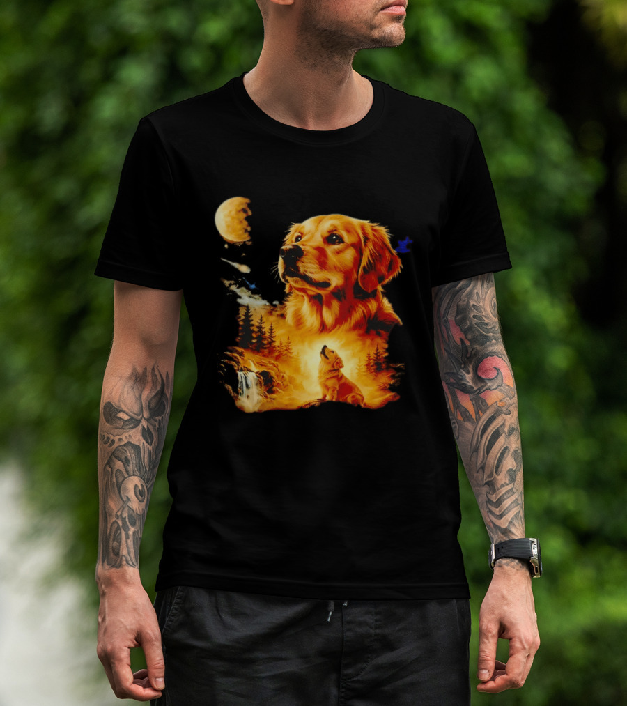 Golden Retriever Majestic Night Howl At Moonlit Waterfall T-Shirt