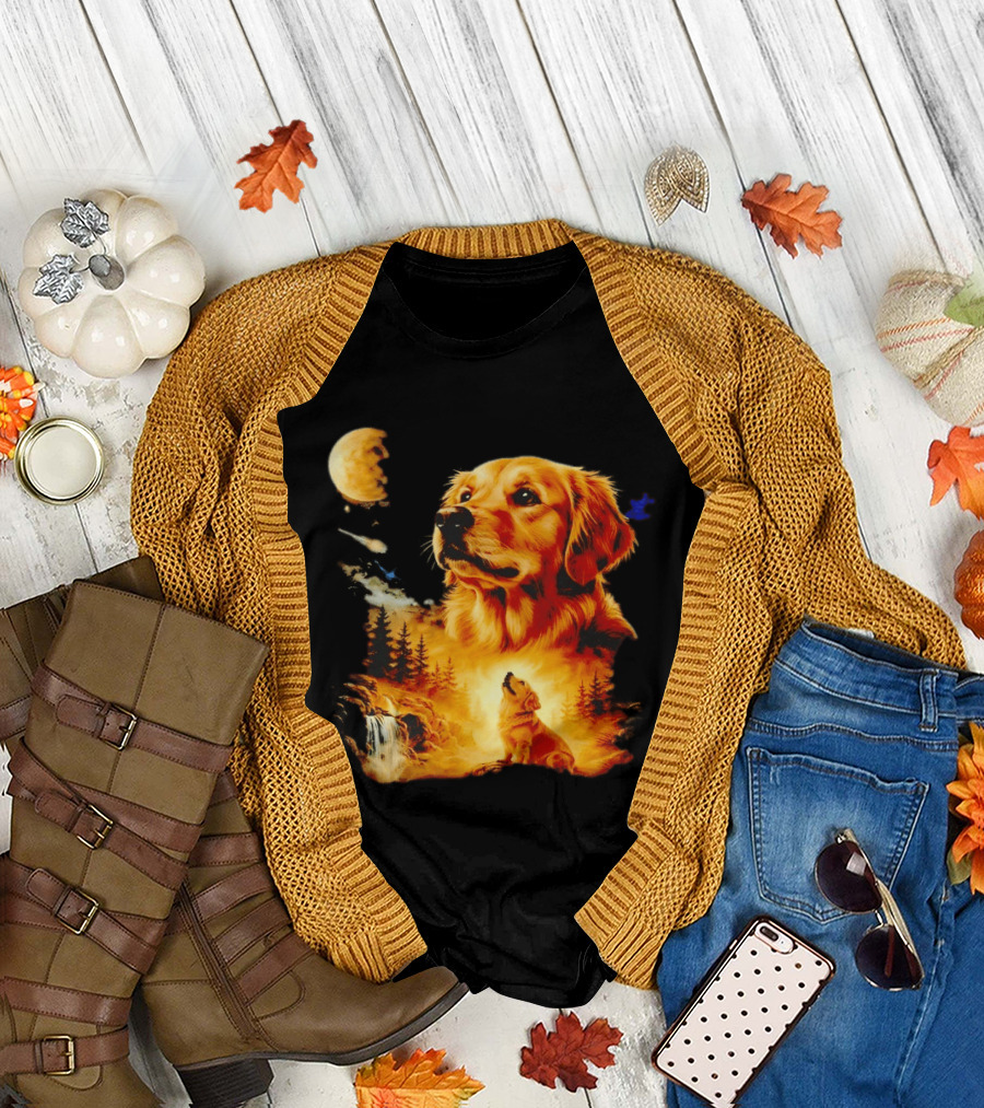 Golden Retriever Majestic Night Howl at Moonlit Waterfall T-Shirt