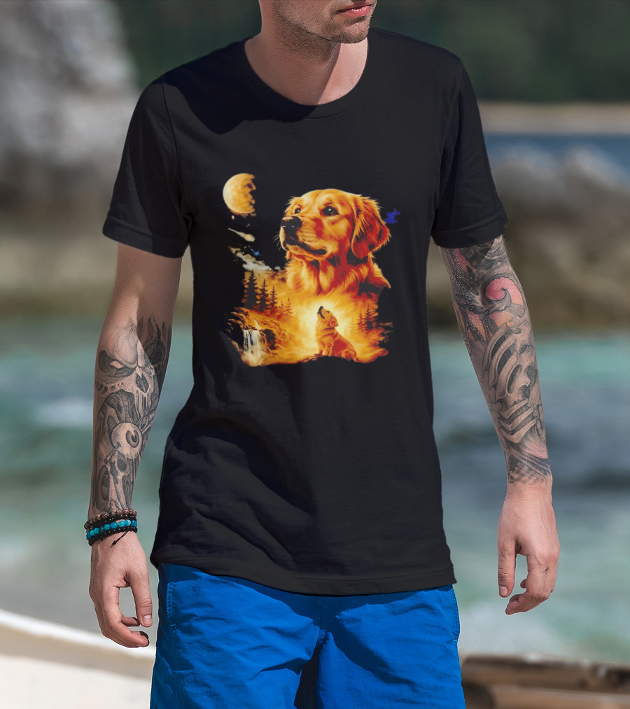 Golden Retriever Majestic Night Howl At Moonlit Waterfall T-Shirt