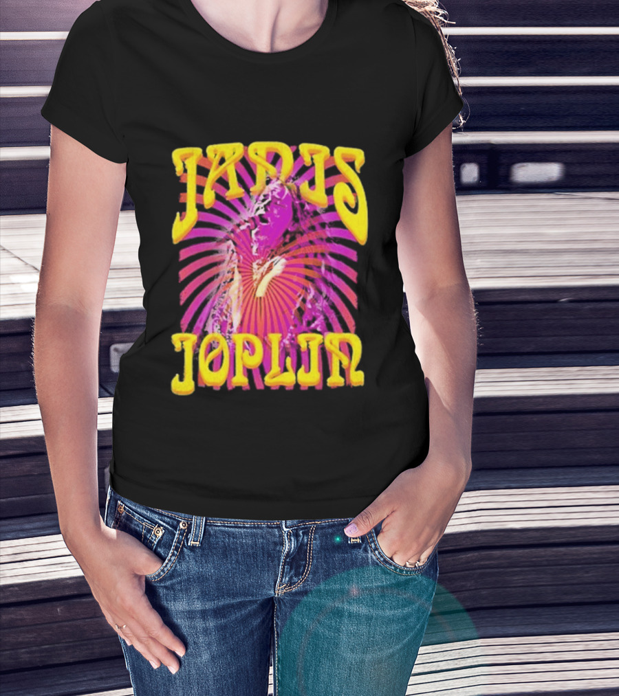 Janis Joplin Psychedelic Swirl Vibrant Yellow Text Pink Burst T-Shirt