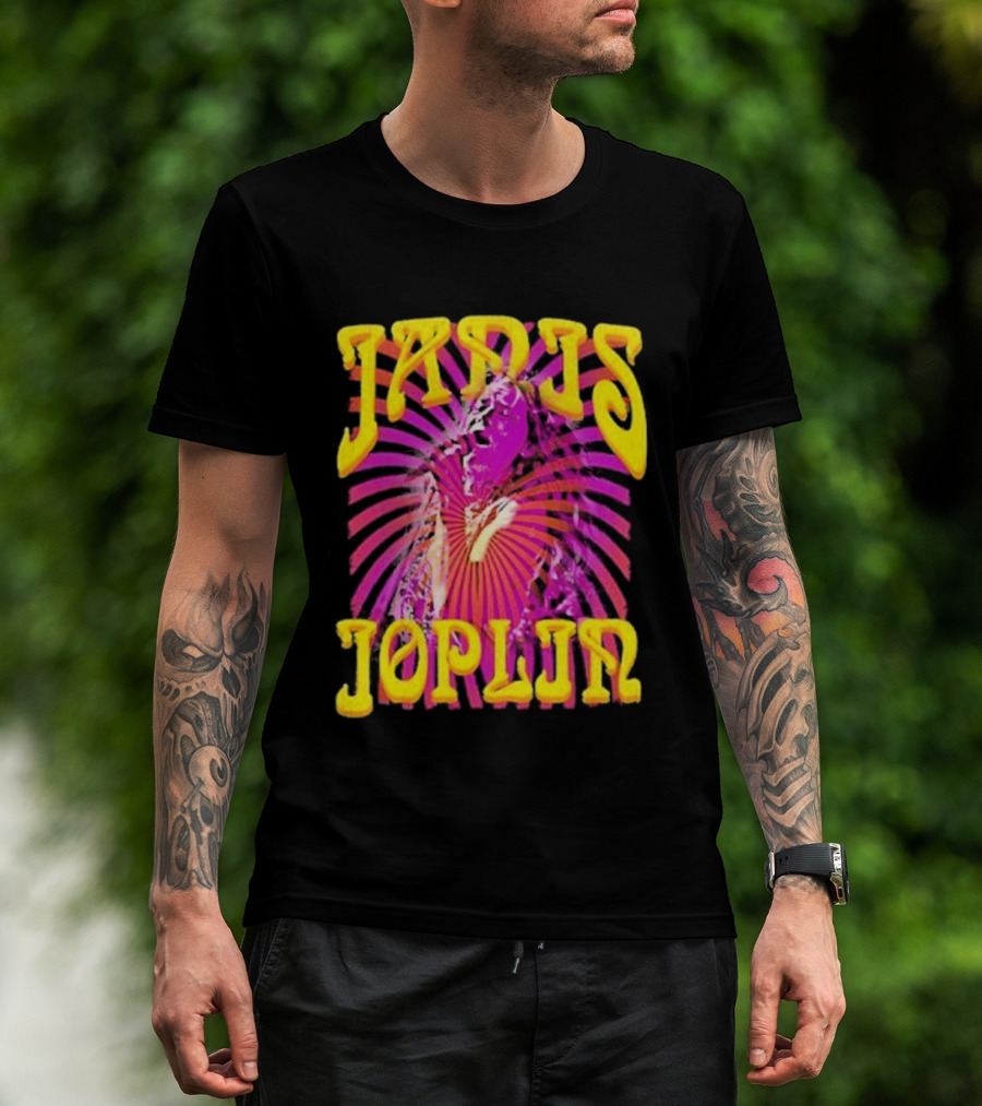 Janis Joplin Psychedelic Swirl Vibrant Yellow Text Pink Burst T-Shirt