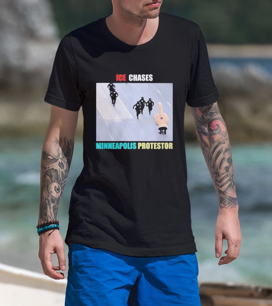 ICE Chases Minneapolis Protestor Middle Finger Gesture T-Shirt