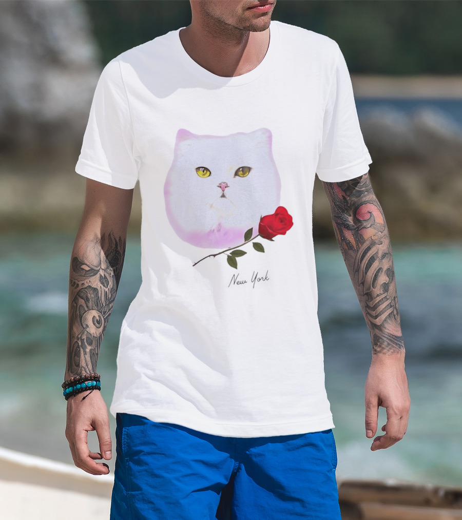 Cat Rose New York White Cat Face Yellow Eyes Red Rose T-Shirt