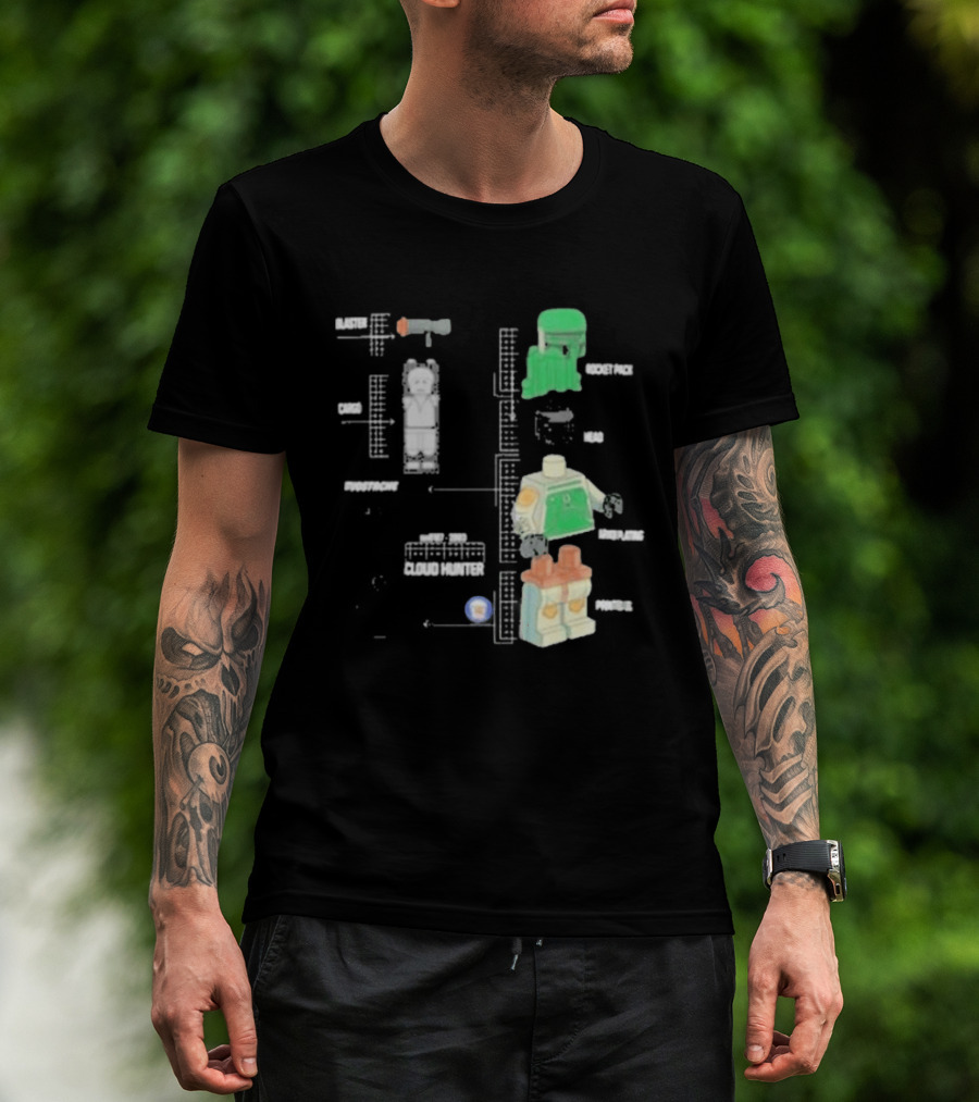 Studstache Cloud Hunter Blueprint With Block Figures And Sci Fi T-Shirt