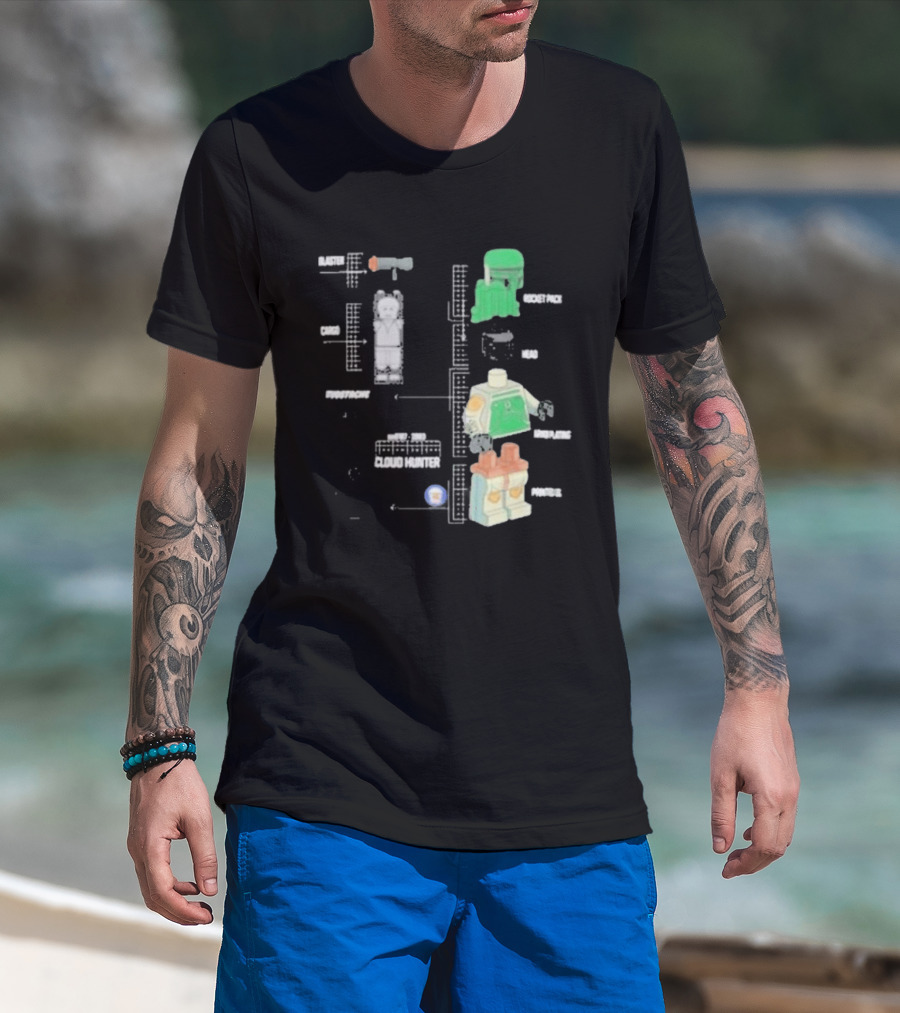 Studstache Cloud Hunter Blueprint With Block Figures And Sci Fi T-Shirt