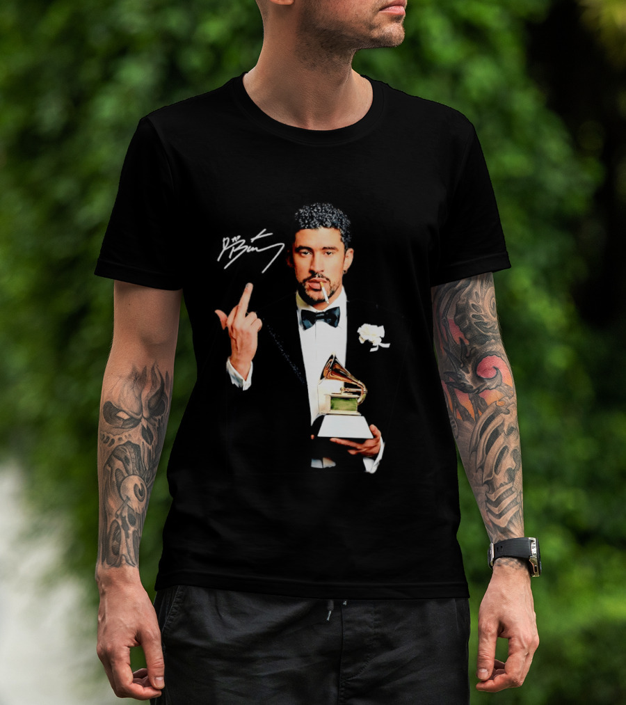 Bad Bunny Smoking Middle Finger Holding Grammy 2026 T-Shirt