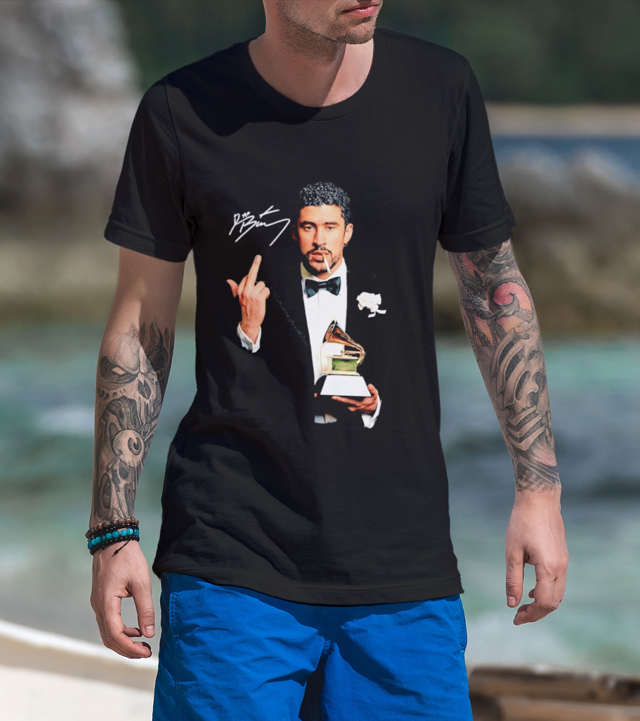 Bad Bunny Smoking Middle Finger Holding Grammy 2026 T-Shirt
