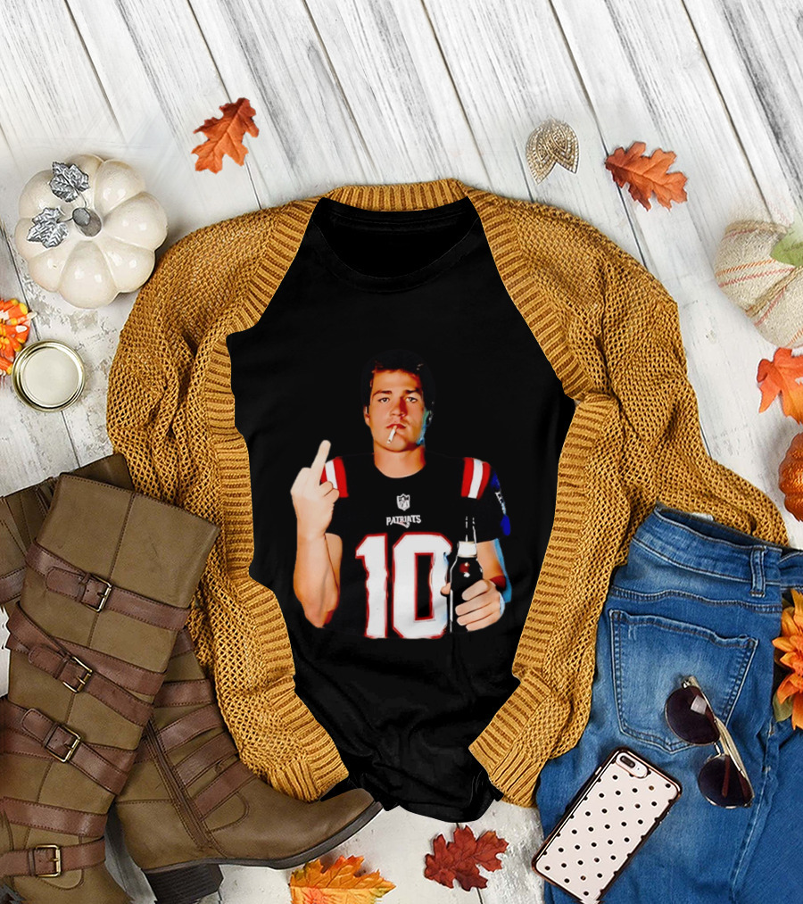 Drake Maye Middle Finger Smoking Holding Beer Can New England Patriots 10 T-Shirt