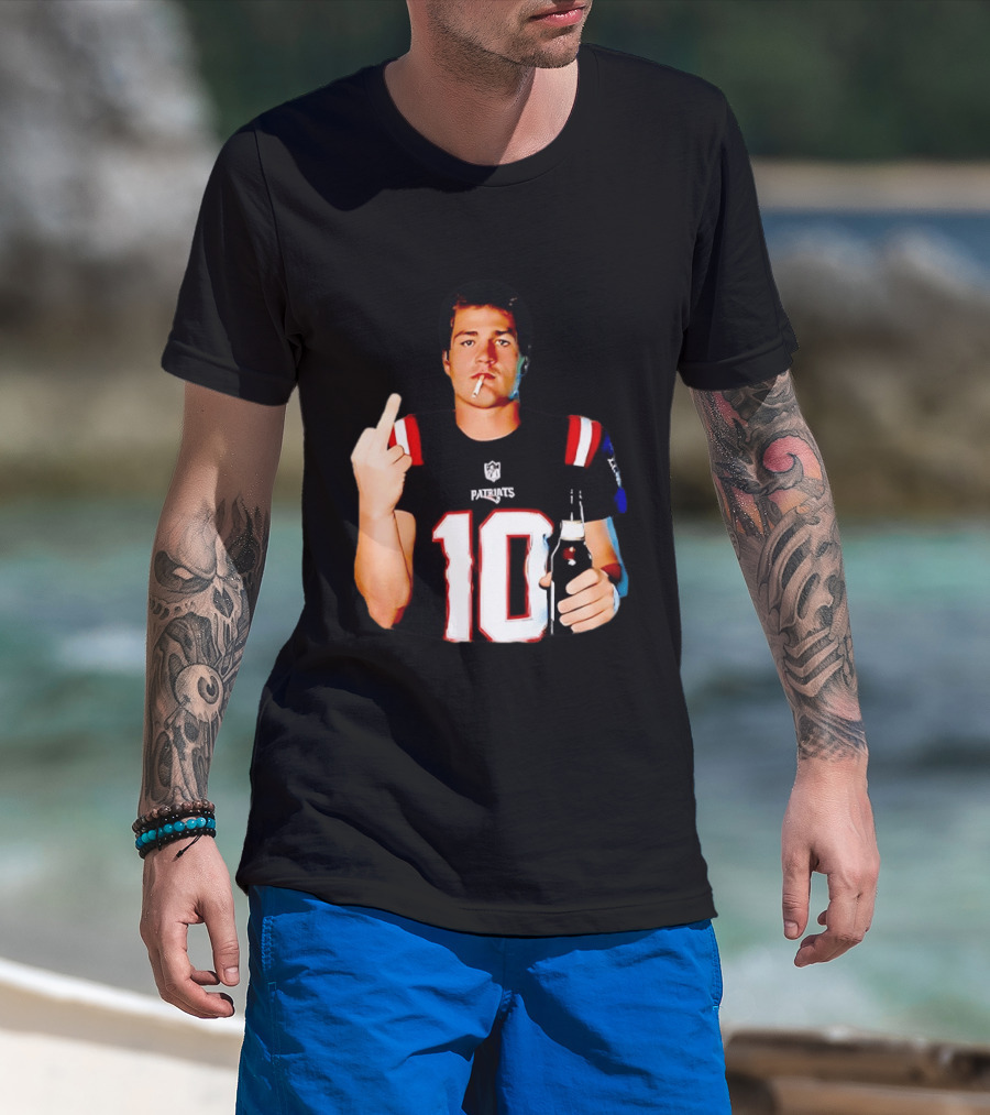 Drake Maye Middle Finger Smoking Holding Beer Can New England Patriots 10 T-Shirt