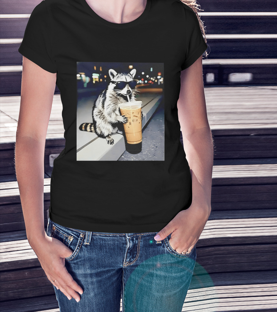 Raccoon Wearing Sunglasses Enjoying Iced Coffee Night Scene T-Shirt