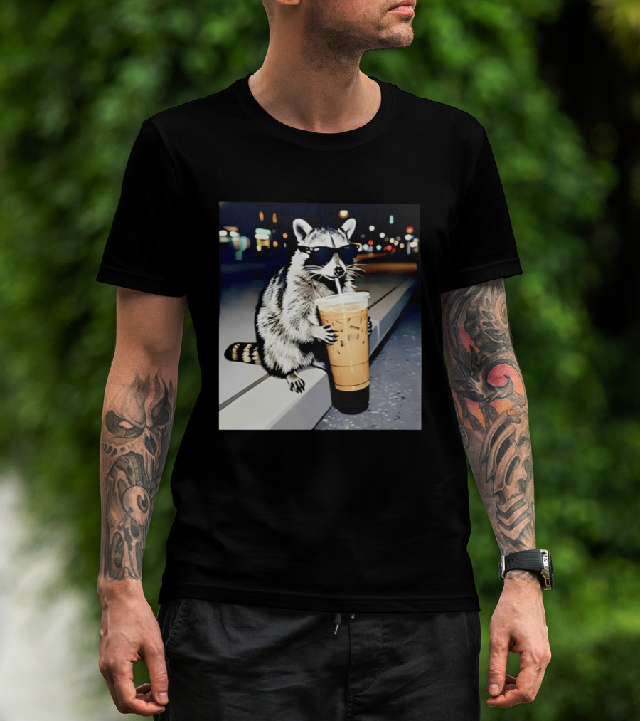 Raccoon Wearing Sunglasses Enjoying Iced Coffee Night Scene T-Shirt