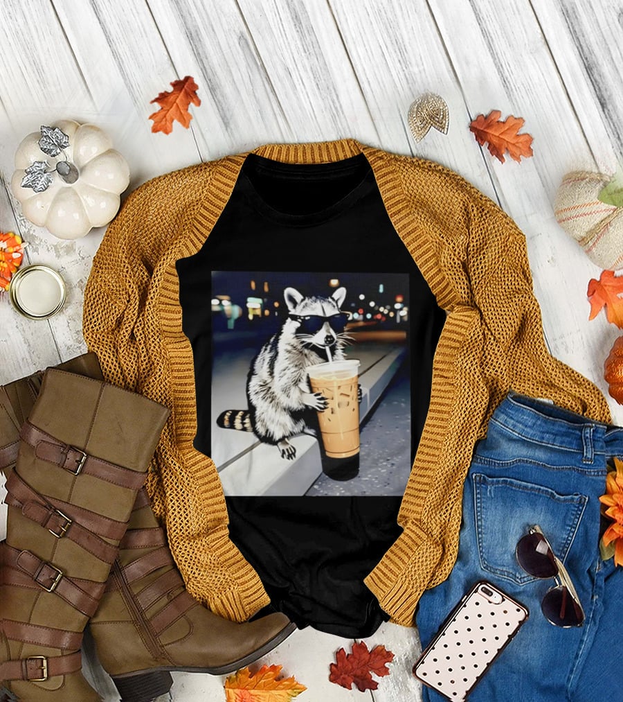 Raccoon Wearing Sunglasses Enjoying Iced Coffee Night Scene T-Shirt