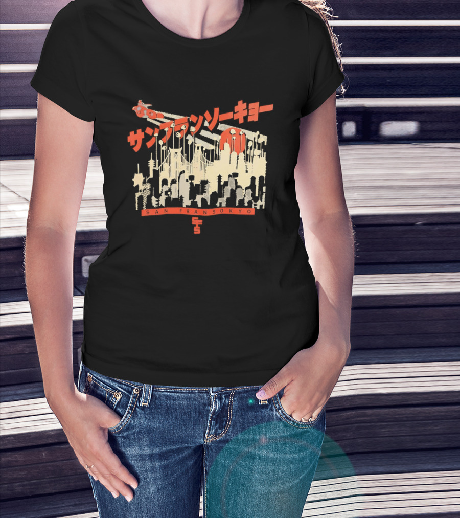 Sanfrasokyo Cityscape Fusion With Japanese Text And Baymax Figure T-Shirt