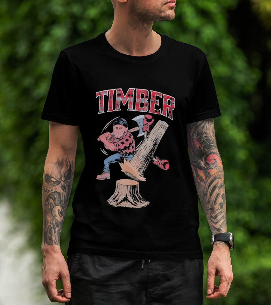 Timber Lumberjack Cartoon With Axe And Falling Tree T-Shirt