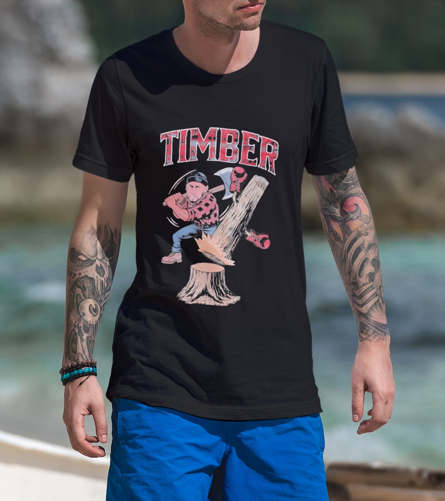 Timber Lumberjack Cartoon With Axe And Falling Tree T-Shirt