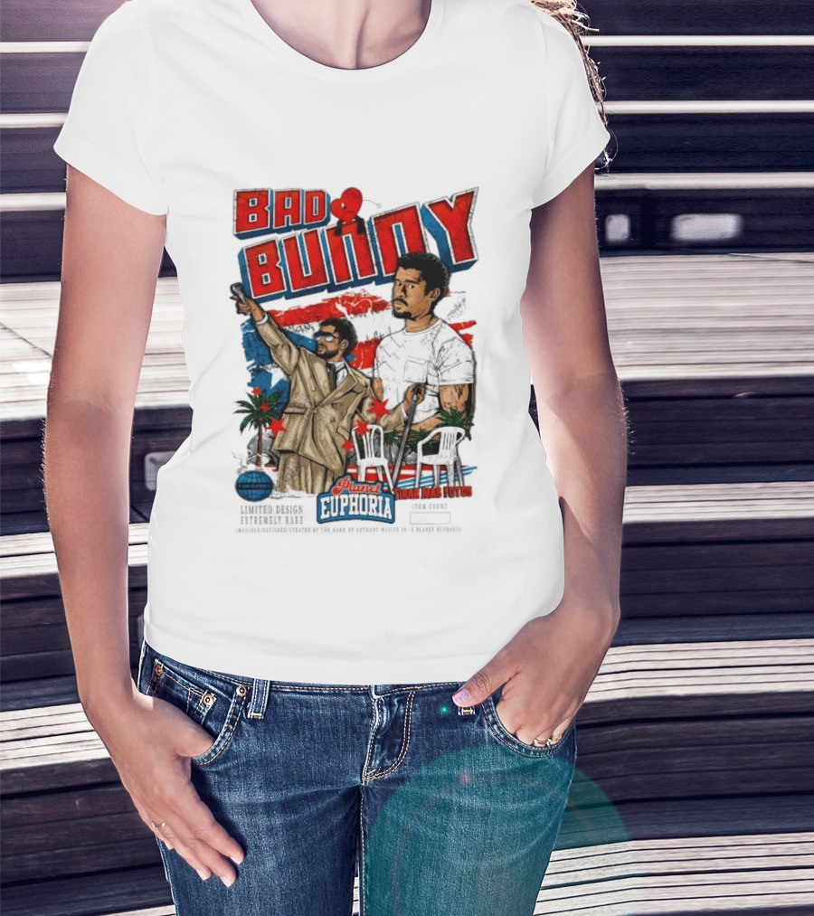 Bad Bunny Tirar Mas Fotos Planet Euphoria Palm Trees Chairs Red White Blue T-Shirt