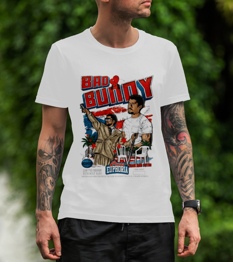 Bad Bunny Tirar Mas Fotos Planet Euphoria Palm Trees Chairs Red White Blue T-Shirt