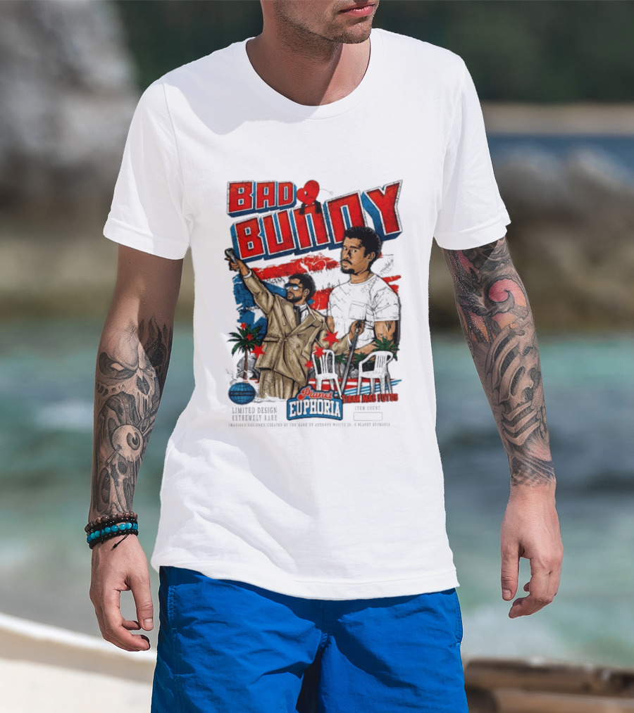 Bad Bunny Tirar Mas Fotos Planet Euphoria Palm Trees Chairs Red White Blue T-Shirt